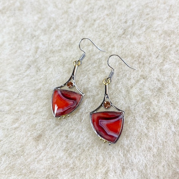 Hand Crafted Jewelry - Silver Gold Red Stone Style Art Dangle Earrings Fun Fashion Posts